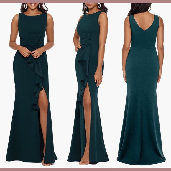 NWT $229 Betsy & Adam‎ [ 4 ] Ruffle Bow Trumpet Gown in Pine Green #Q1204